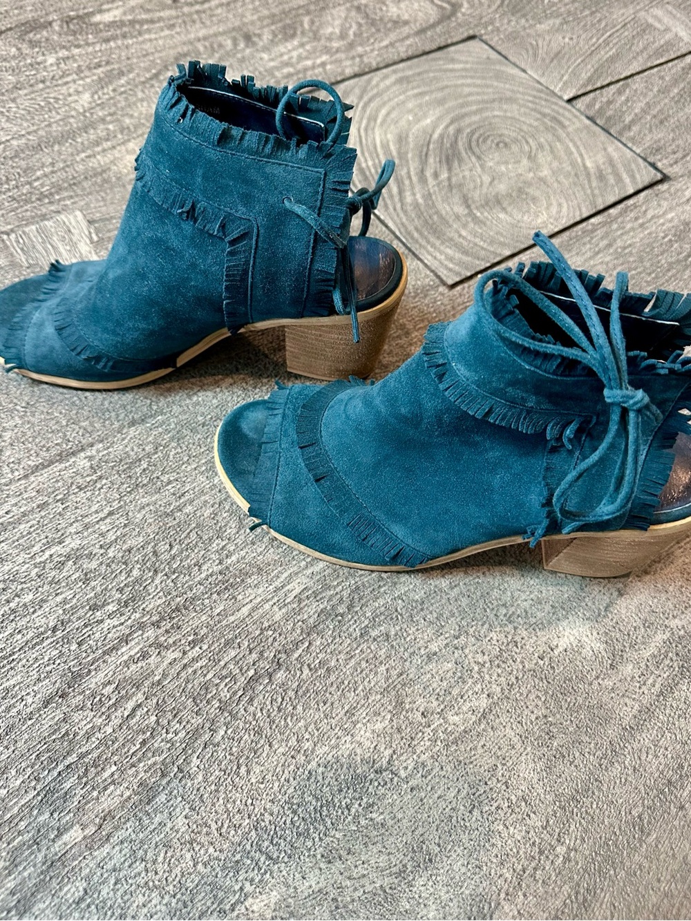 Silent D Teal Suede Fringe Peep Toe Block Heel Booties/Mules